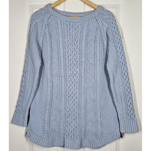 L.L. Bean Sweaters - LL Bean Signature Fisherman Tunic Sweater L Chunky Cable Knit Ice Blue Lagenlook